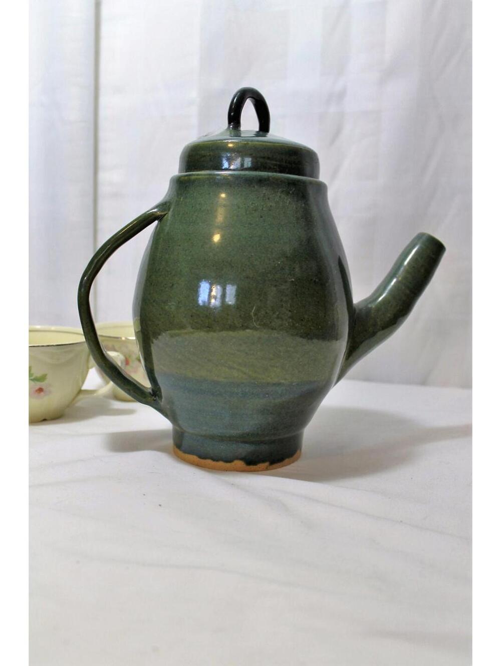 Hand Thrown Pottery Coffee Pot, Signed A, Green & Blue